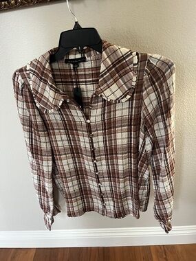 Jane and Delancey Brown and Cream Plaid Scalloped Collar Button-Front Top